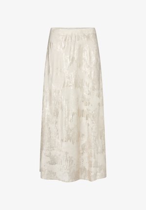 A midi skirt in white with a textured, slightly shiny surface. Features a smooth waistband and subtle abstract patterns throughout.