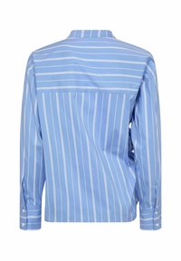 Light blue long-sleeve shirt featuring vertical white stripes, a band collar, buttoned cuffs, and a relaxed fit with back pleat detail.