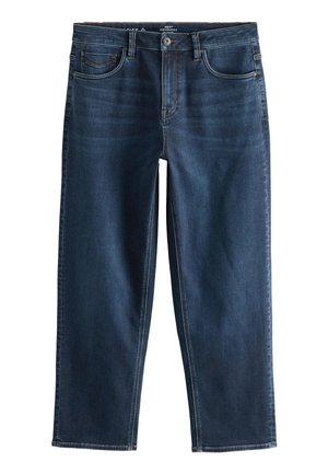 Jean en denim bleu foncé avec bouton à l'avant, fermeture éclair, passants de ceinture et cinq poches, présenté à plat sur fond blanc.