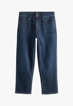 Jean en denim bleu foncé avec bouton à l'avant, fermeture éclair, passants de ceinture et cinq poches, présenté à plat sur fond blanc.