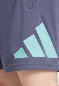 Grå sportshorts i en texturerad tygkvalitet, med en stor ljusblå Adidas-logotyp i geometrisk design på nedre vänstra sidan.