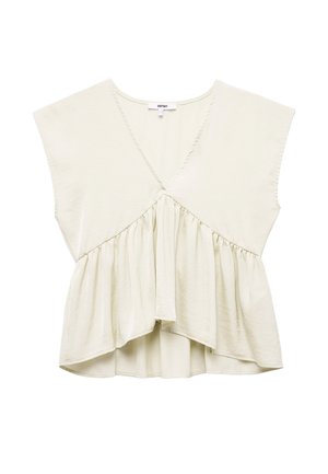 Top de color beige claro con un escote en V profundo, mangas cortas tipo murciélago y cintura fruncida, con un diseño fluido y en capas, y una textura suave.