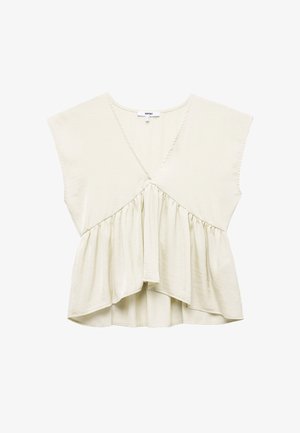 Lichtbeige top met een diepe V-hals, korte batwing-mouwen en een geraffineerde taille, met een vloeiende, gelaagde uitstraling en een zachte textuur.