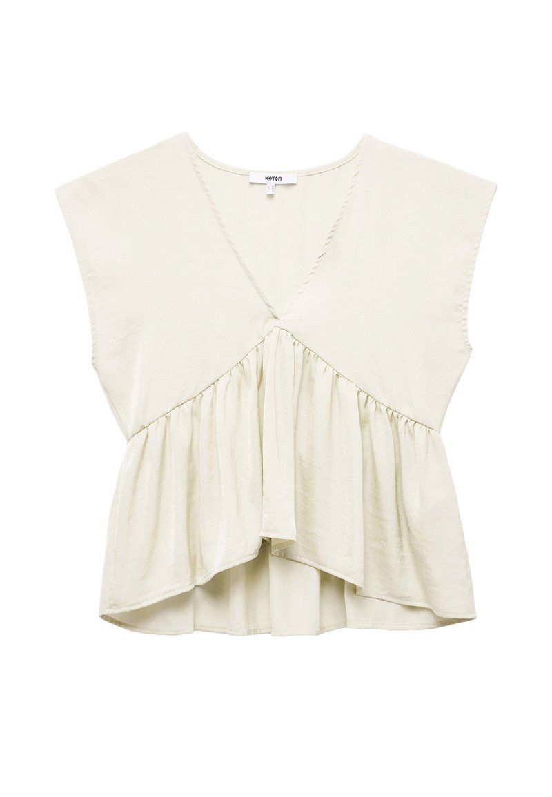 Top beige chiaro con scollatura a V profonda, maniche corte a campana e vita arricciata, dal design fluido e stratificato e trama morbida.