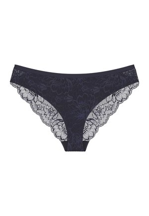 Morne čipkaste hlačke z cvetličnim vzorcem, ki imajo nežne valovite robove in gladek pas, kar poudarja zapleteno čipkasto obdelavo.