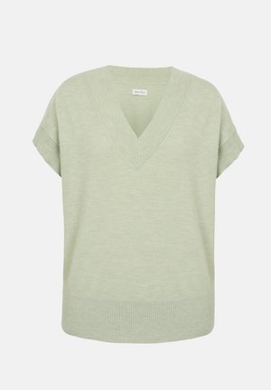 Heleroheline varrukateta kootud topp V-kaelusega ning soonikservadega kaelusel, varrukatel ja alläärmel.