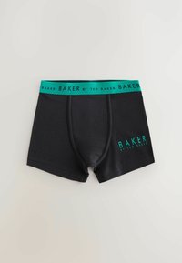 Crne bokserice s teal remenom. Na prednjoj strani imaju ispis "BAKER by TED BAKER" u usklađenoj teal boji. Glatka tekstura i uski kroj.