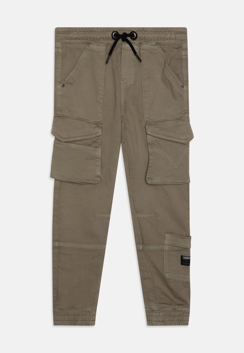 Pantalon cargo kaki avec taille élastique, cordon noir, poches avant et latérales à rabat, et poignets élastiques aux chevilles.