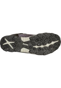 Zwarte en grijze buitenzool van een schoen met een robuust profiel en ronde en hoekige noppen voor grip. Geprofileerd rubbermateriaal.