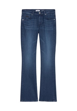 Dark blue flared jeans made of denim, featuring a standard waistband, front pockets, and contrasting stitching along the seams.