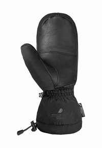 Schwarze Lederhandschuh mit einer weichen, isolierten Innenseite. Verfügt über einen verstellbaren, elastischen Bund und einen Kordelzugverschluss am Handgelenk.