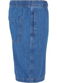 Denimo šortai su elastinga juosmens juosta, su šonine kišenę, vidutinio mėlynumo spalvos su matomais siuvimo detalėmis.