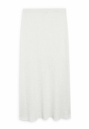 Gonna bianca a maglia con forma A-line rilassata, tessuto testurizzato e orlo scallop. Caratterizzata da una vita elasticizzata per il massimo comfort.
