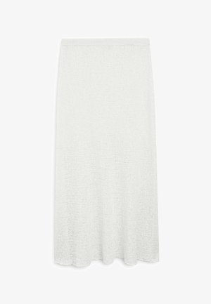 Gonna bianca a maglia con forma A-line rilassata, tessuto testurizzato e orlo scallop. Caratterizzata da una vita elasticizzata per il massimo comfort.