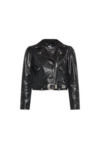 Giubbotto da motociclista in pelle nera con finitura lucida, chiusura a zip, accessori in argento e spalle strutturate. Presenta una vita con cintura e tasche con zip.
