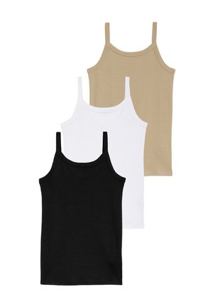 Drei Tanktops werden präsentiert: schwarz, weiß und beige. Sie sind aus weichem, elastischem Baumwollstoff gefertigt, mit verstellbaren Trägern und einer figurbetonten Passform.