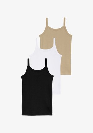 Tři topy bez rukávů: černý, bílý a béžový. Vyrobené z měkké, elastické bavlny, s nastavitelnými ramínky a přiléhavým střihem.