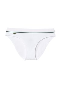 Culottes en coton blanc avec une texture côtelée, une taille rayée verte et un petit logo brodé sur le côté gauche à l'avant.