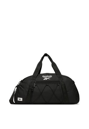 Czarna torba sportowa Reebok z podwójnymi uchwytami, zapinaną na zamek kieszenią z przodu, elastycznym sznurowaniem i regulowanym paskiem na ramię.