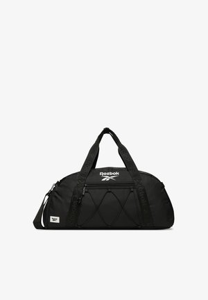 Bolsa de deporte negra de Reebok con asas dobles, bolsillo delantero con cremallera, detalles de cordón elástico y correa de hombro ajustable.
