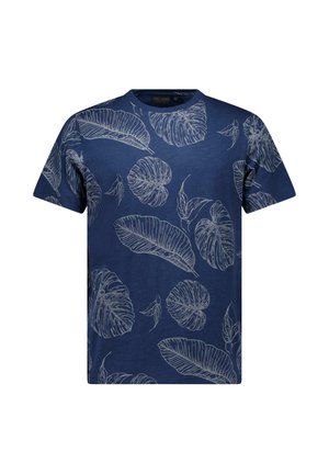Marineblauw T-shirt met korte mouwen en een wit bladmotief. Ronde hals, ruime pasvorm, gemaakt van zachte stof met een gladde textuur.
