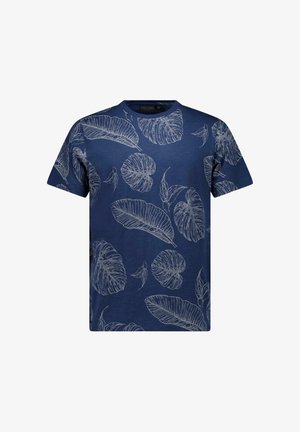 Marineblauw T-shirt met korte mouwen en een wit bladmotief. Ronde hals, ruime pasvorm, gemaakt van zachte stof met een gladde textuur.