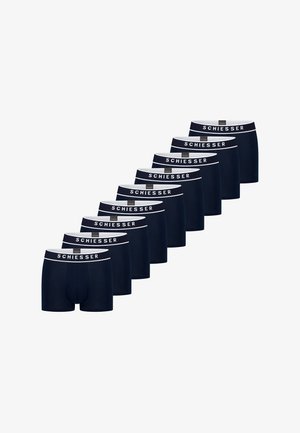Acht paar zwarte herenboxershorts met witte taillebanden, elk voorzien van het merk "SCHIESSER" in dikke witte letters.