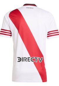 Hvid sports-trøje med en diagonal rød stribe. Har røde stribede detaljer på ærmerne og en sort krave. Trykt logo på den nederste front.