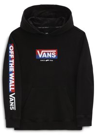 Felpa nera con cappuccio caratterizzata da una grafica frontale con "VANS" in rosso e blu, "OFF THE WALL" lungo la manica sinistra e una tasca a marsupio.