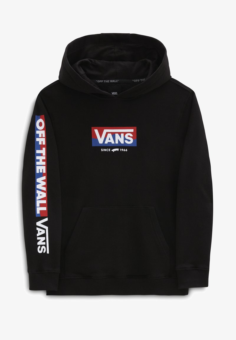 Felpa nera con cappuccio caratterizzata da una grafica frontale con "VANS" in rosso e blu, "OFF THE WALL" lungo la manica sinistra e una tasca a marsupio.