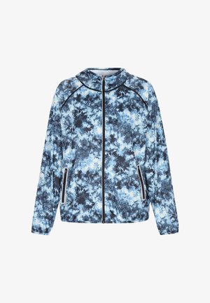 Kék és fekete mintás sportdzseki, cipzáros elől, magas gallérral és két oldalsó zsebbel. Könnyű, lélegző anyagból készült.