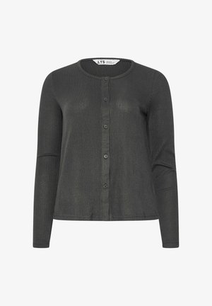 Donkergrijze geribbelde lange mouw cardigan met een ronde hals en vijf knopen aan de voorkant, maat UK 10-12, EU 38-40.