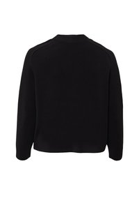 Zwarte trui met lange mouwen en ronde hals, effen ontwerp zonder zichtbare logo's of patronen, plat gelegd en gezien vanaf de achterkant.