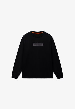 Sort langærmet t-shirt lavet af bomuld, med et hævet gummilogo på brystet, rund hals og elastiske ærmekanter.