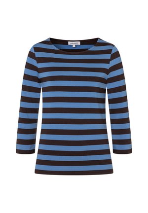 Gestreepte lange mouwen top in blauwe en bruine tinten. Ronde halslijn, zachte katoenmaterialen, met gelijkmatige horizontale strepen overal.