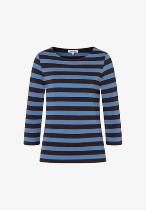 Gestreiftes Langarmoberteil in Blau- und Brauntönen. Rundhalsausschnitt, weiches Baumwollmaterial, mit gleichmäßigen horizontalen Streifen über die gesamte Länge.