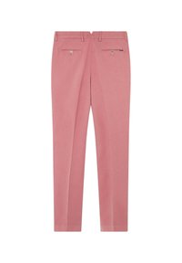 Rosa maßgeschneiderte Hosen mit glatter Textur, geraden Beinen und zwei Gesäßtaschen mit Knopfverschluss.
