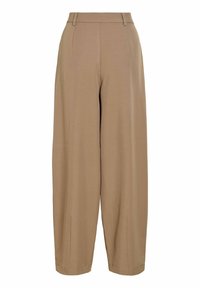 Μπεζ παντελόνι με ψηλή μέση και φαρδιά μπατζάκια, με θηλιές για ζώνη και πλαϊνές τσέπες, εμφανίζεται σε λευκό φόντο.