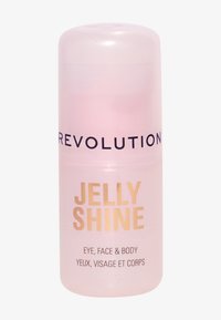 Revolution Jelly Shine, sylinderformet beholder, gjennomsiktig lys pink materiale, med gulltekst for produktnavn og bruksområder.