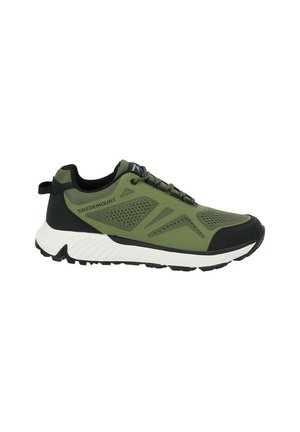 Green athletic shoe with a breathable mesh upper, black accents, textured sole, and reflective detailing. Rounded toe and lace-up design.