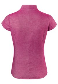 Kurzarmbluse in einfarbigem Pink. Mit hohem Kragen, taillierter Form und strukturiertem Stoff mit glatter Oberfläche. Sauber gestalteter Rücken.