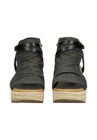 Black fabric espadrille sandals with a woven jute heel, featuring multiple layered straps and an open toe design.