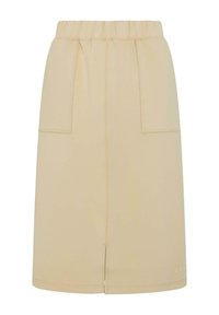 Beige midi skjørt med elastisk midje, to frontlommer og splitt i kanten, laget av mykt stoff med synlig søm.