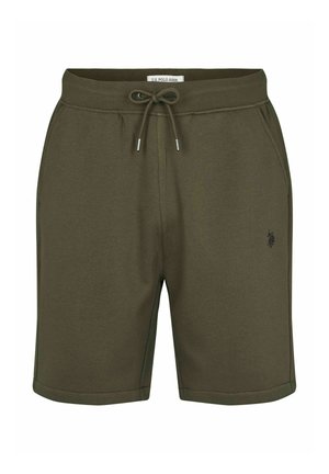 Olivgrüne Shorts aus weichem Stoff mit einem Kordelzug an der Taille, zwei seitlichen Taschen und einem kleinen Logo auf der linken Vorderseite.