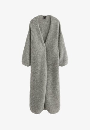 Cardigan lungo grigio realizzato in morbido maglione strutturato. Presenta apertura frontale, maniche larghe e orlo arrotondato. Progettato per una vestibilità rilassata e comfort.