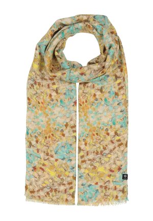 Soft rectangular scarf with abstract pattern in beige, yellow, turquoise, and brown tones, featuring subtle fringed edges and a small tag.