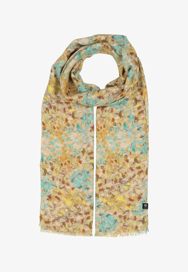 Écharpe rectangulaire douce avec un motif abstrait dans des tons beige, jaune, turquoise et marron, présentant des bords légèrement frangés et une petite étiquette.