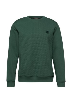 Sweat-shirt vert avec un motif diagonal texturé, des poignets et un ourlet côtelés, et un petit patch logo en haut à gauche. Fabriqué en mélange de coton.