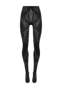 Leggings neri con una trama lucida e intricate fantasie floreali scure. Design aderente con una finitura liscia.