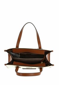 Sac fourre-tout en cuir marron avec un extérieur tissé. Comprend plusieurs compartiments et un intérieur décoré. Dispose de poignées robustes.